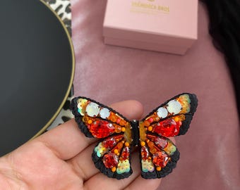 Handmade Orange Monarch Butterfly Brooch: Beaded Insect Pin