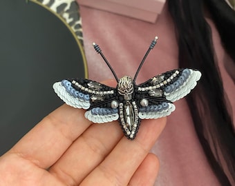 Handmade Skull Moth Brooch, Beaded Jewelry,Gothic Style Jewellry, Christmas Gift, Halloween Accessory, Crafted Black Butterfly, Insect Pin