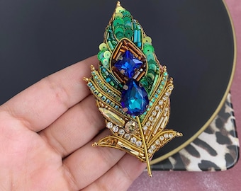 Handmade Beaded Feather Brooch: Peacock Jewelry Pin