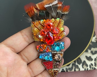 Handmade Feather Brooch, Beaded Jewel Pin