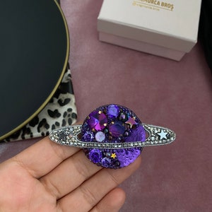 Handmade Planet Brooch , Gift For Her , Embroidered Gift, Saturn Jewelry , Stars Jewellry , Swarovski Purple Neptun , Exclusive Lapel Pin image 3