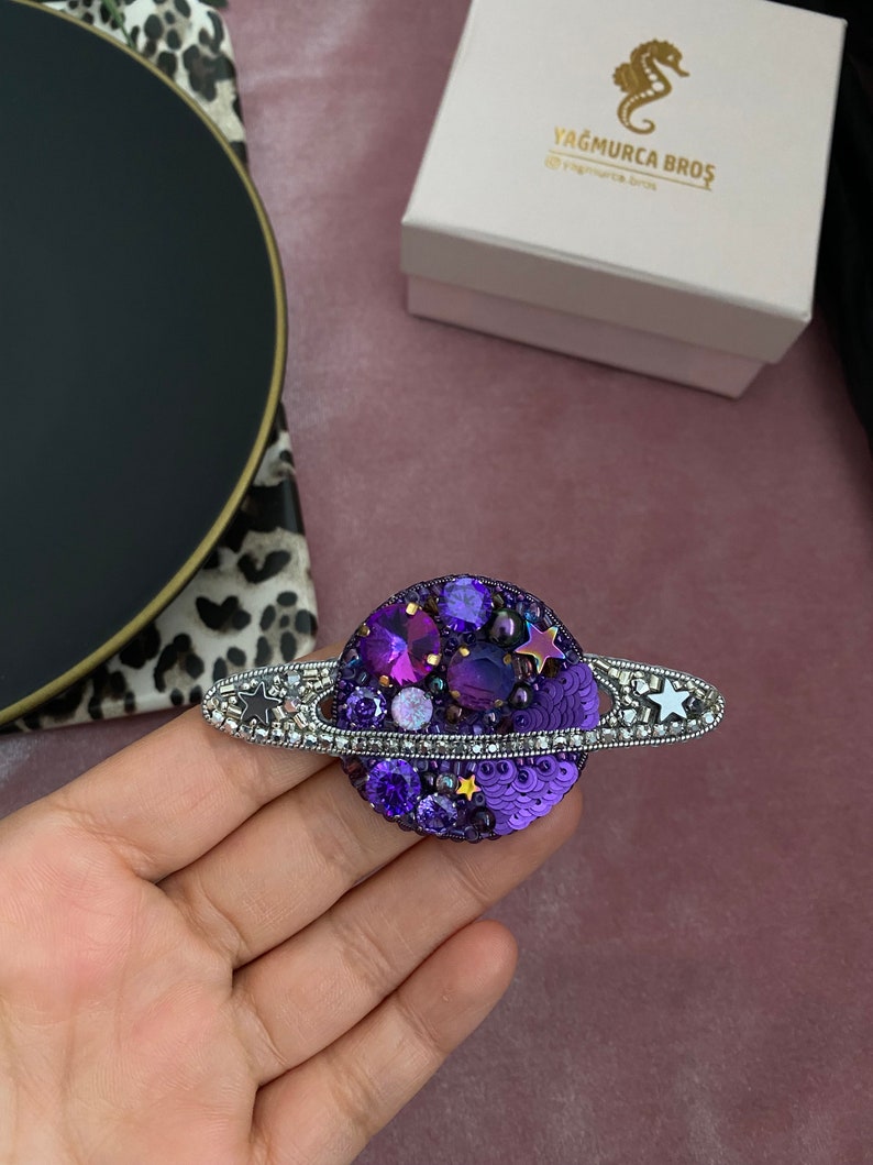 Handmade Planet Brooch , Gift For Her , Embroidered Gift, Saturn Jewelry , Stars Jewellry , Swarovski Purple Neptun , Exclusive Lapel Pin image 3