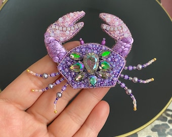 Embroidered Crab Brooch, Personalized Gift Jewels/ Handmade Sea Animal Beach Accessory/Purple Lilac Crab Pin/ Gift For / Cancer Badget Pin