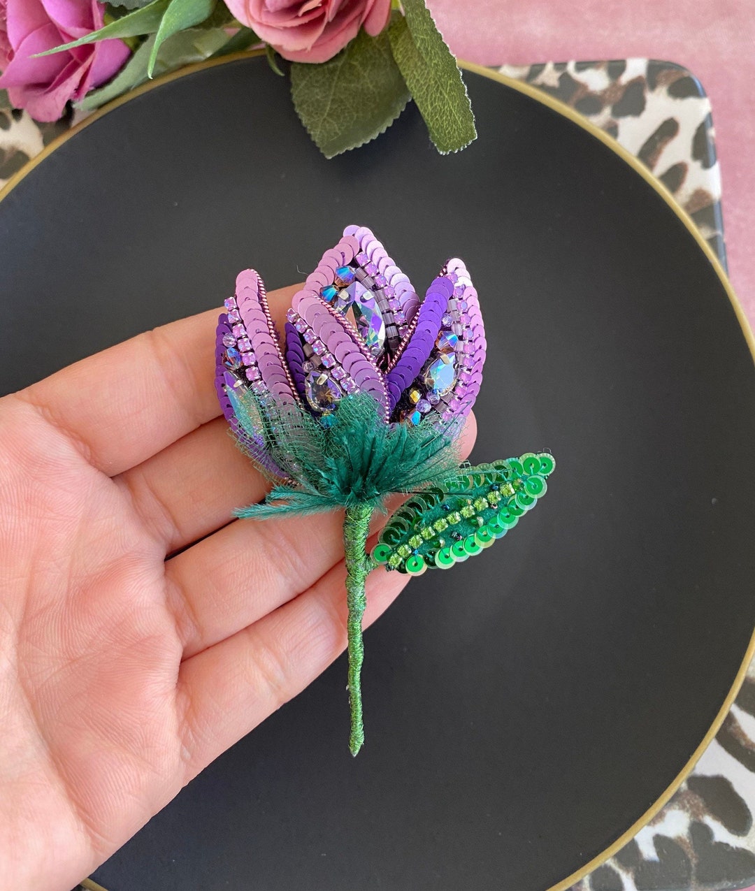 Handmade Lotus Flower Brooch,handcrafted Magnolia Floral Jewelry Accessory,gift for Mom,beaded