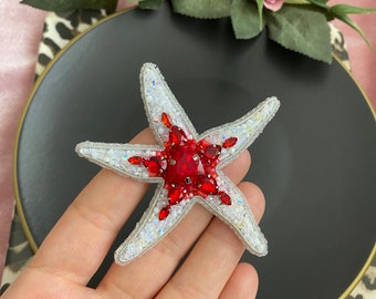 Handmade White Starfish, Seastar Pin, Custom Made Jewelry, Gift Beach Accessory, Red White Seastar, Elegant Gift, Beaded Pin