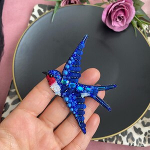 Handmade Crystal Swallow Brooch, Embroidered Pin, Blue Bird Jewelry, Unique Design Brooch, Swallow Jewellry, Customized Gift Pin image 10