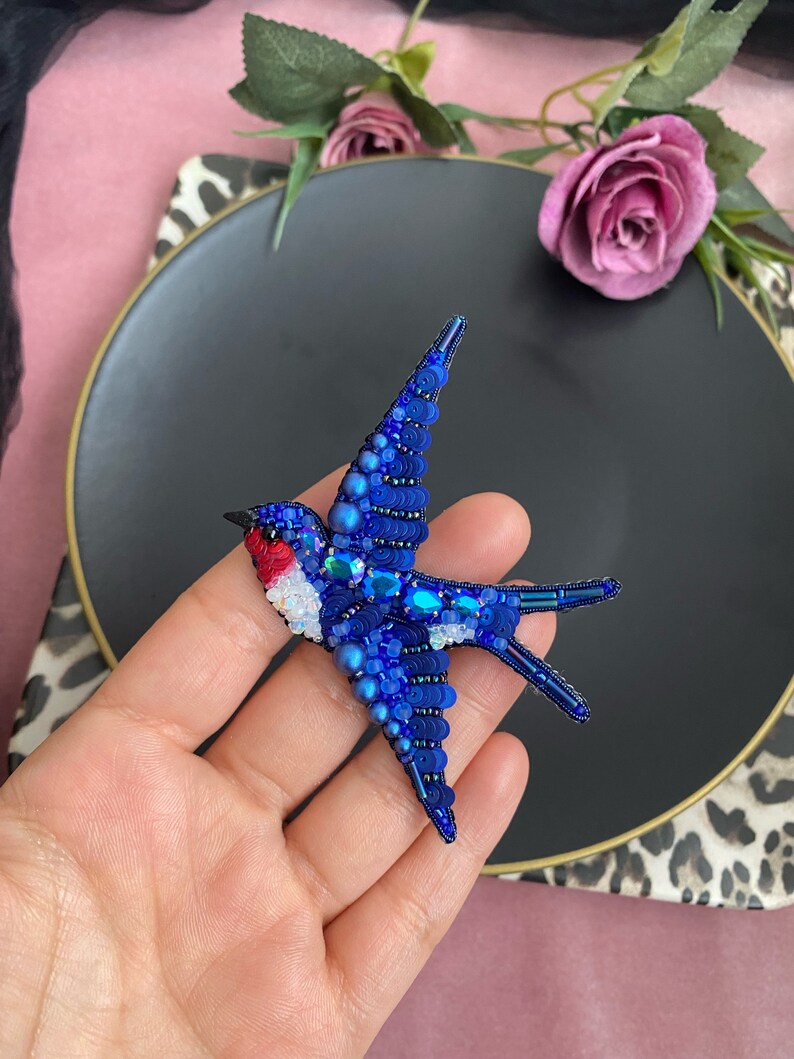 Handmade Crystal Swallow Brooch, Embroidered Pin, Blue Bird Jewelry, Unique Design Brooch, Swallow Jewellry, Customized Gift Pin image 10