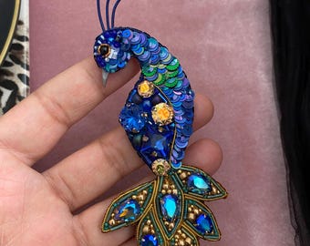 Beaded Peacock Brooch: Embroidered Feather Pin, Handmade Jewelry