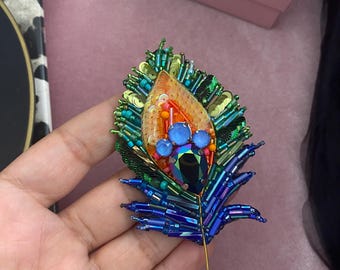 Handmade Beaded Feather Brooch: Peacock Pin, Custom Jewelry
