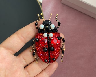 Handmade Ladybird Brooch , Red Bug Pin , Ladybug Jewelry , Christmas Gift , Unique Jewellry , Insect Brooch , embroidered ladybird