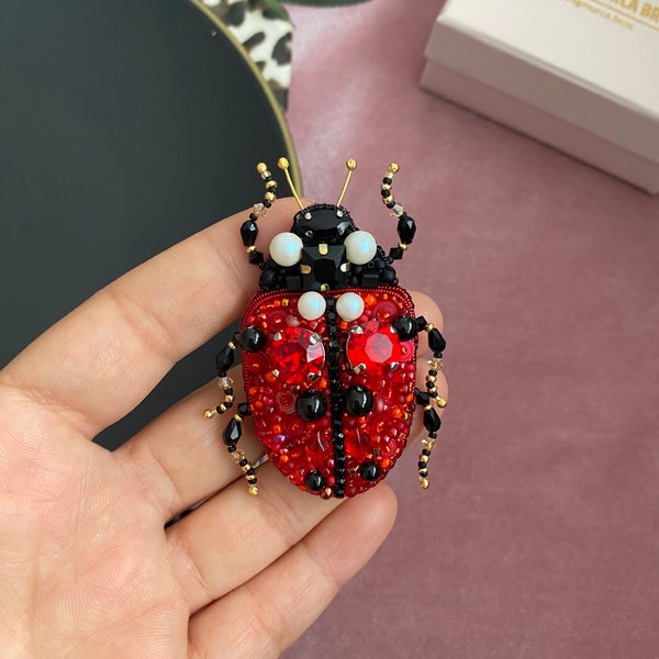 Handmade Ladybird Brooch , Red Bug Pin , Ladybug Jewelry , Christmas Gift , Unique Jewellry , Insect Brooch , embroidered ladybird