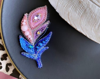 Handmade Feather Brooch,Colourful Feather,Leaf Brooch With Swarovski Pearl,Beaded Feather,Gift For Mom,Gift For Her,Gift For Valentine's Day