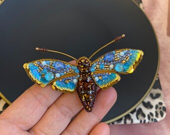 Blue Moth Brooch, Insect Jewelry, Handmade Blue Butterfly, Gift For Woman, Embroidered Bug Pin, Beaded Blue Gold Insect