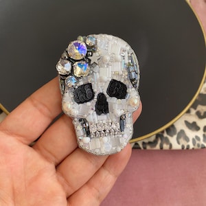 Embroidered Skull Brooch, Handmade Scary Gothic Pin, Gift For Men, Beaded Swarovski Ornament, Silver Crystal Skull Jewelry, Silver Skull