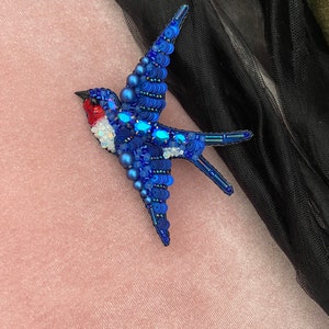 Handmade Crystal Swallow Brooch, Embroidered Pin, Blue Bird Jewelry, Unique Design Brooch, Swallow Jewellry, Customized Gift Pin image 3