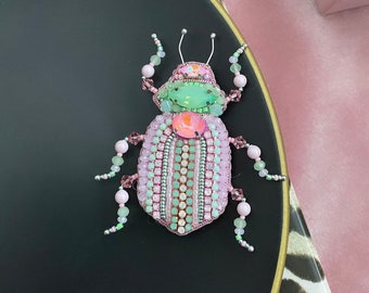 Handmade Pink Bug Brooch,Embroidered Rhino Beetle Jewelry,Gift For Christmas,Design Unique Pin,Sweet Spider,Beaded Rhinestone İnsect,Gothic