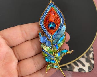 Handmade Beaded Feather Brooch: Peacock Blue Jewelry