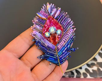Handmade Beaded Feather Brooch: Peacock Pin, Custom Jewelry