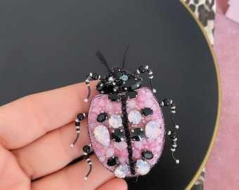 Handmade Ladybird Applique, Embroidered Pink Ladybug, Beaded Pink İnsect Jewel, Crystal Ladybird Pin, Gift For Luck, Gift For Birthday