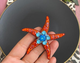 Handmade Orange Starfish,Handcrafted Seastar Brooch,Embroidered Seastar Sea Animal,Beach Accessory,Beaded Orange Blue Starfish Pin,Gift For