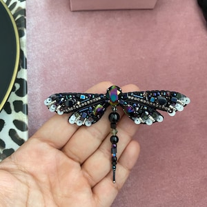 Handmade Beaded Dragonfly Brooch: Black Gothic Insect Pin