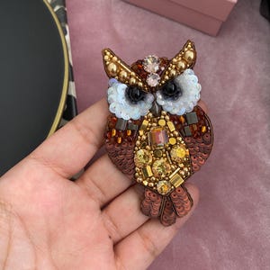 Handmade Owl Brooch, Gift For Her, Unique Gift, Exclusive Gold Pin, Customized Jewellry, Bird Lapel Pin, Handcrafted, Embroidered Jewelry