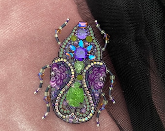 Green Purple Bug Brooch, Insect Jewelry, Handmade Green Bug, Gift For Woman, Embroidered Pin, Beaded Green Insect