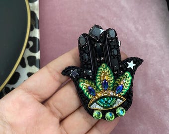 Handgemachte Evil Eye Hamsa Brosche: Perlen Fatma Hand Anstecknadel