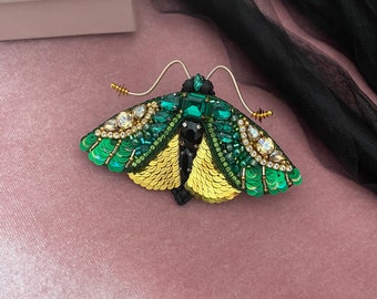 Green Moth Brooch, Insect Jewelry, Handmade Green Butterfly, Gift For Woman, Embroidered Bug Pin, Beaded Green Insect