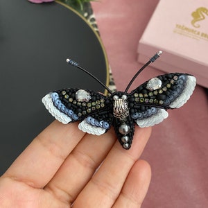 Handmade Moth Brooch, Black Insect Pin, Embroidered Jewelry, Beaded Skull Moth, Gothic Brooch, Customized Gift, Unique Design Jewel