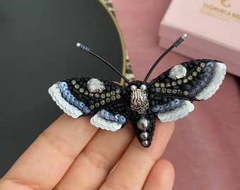 Handmade Moth Brooch, Black Insect Pin, Embroidered Jewelry, Beaded Skull Moth, Gothic Brooch, Customized Gift, Unique Design Jewel