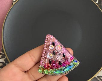 Beaded Watermelon Brooch, Handmade Embroidered Pin