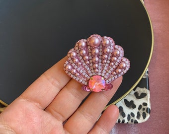 Handmade Seashell Brooch, Pink Sea Shell Jewelry,Embroidered Gift for Her ,Swarovski Jewellry, Design Fish Accessory,Personalized Gift İdea