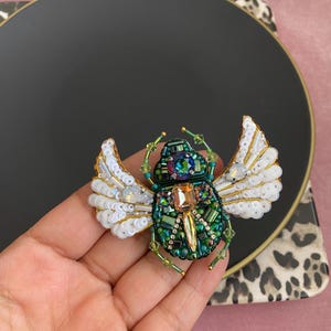 Handmade Beaded Green Beetle Brooch: Winged Insect Jewelry