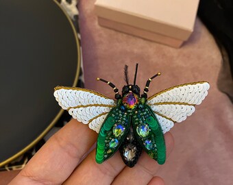 Green Moth Brooch, Insect Jewelry, Handmade Green Butterfly, Gift For Woman, Embroidered Bug Pin, Beaded Green Insect