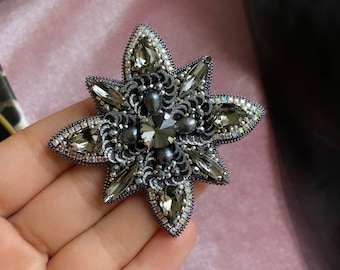 Handmade Cross Brooch,Handcraft Diamante Pin,Gorgeous Rhinestone Jewels,Gift For Mom,Silver Mandala Brooch,Beaded Maltese Cross Vintage