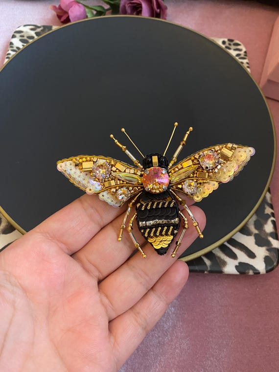 Handmade Beaded Bee Brooch: Swarovski Crystal Insect Pin