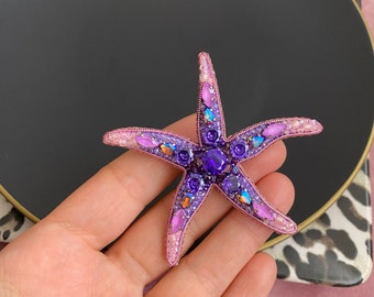 Handmade Pink Starfish, Handcrafted Seastar Brooch,Embroidered Seastar Sea Animal, Beach Accessory,Beaded Purple Starfish Pin, Gift For