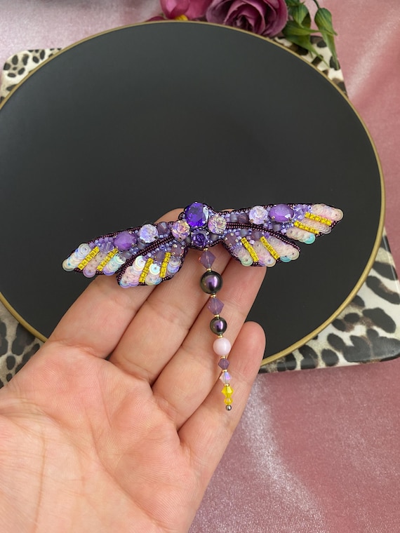 Handmade Beaded Dragonfly Brooch: Embroidered Insect Lapel Pin