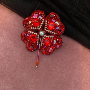 Beaded Clover Brooch: Red Crystal Embroidered 4 Leaf Pin