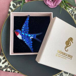 Handmade Crystal Swallow Brooch, Embroidered Pin, Blue Bird Jewelry, Unique Design Brooch, Swallow Jewellry, Customized Gift Pin image 5