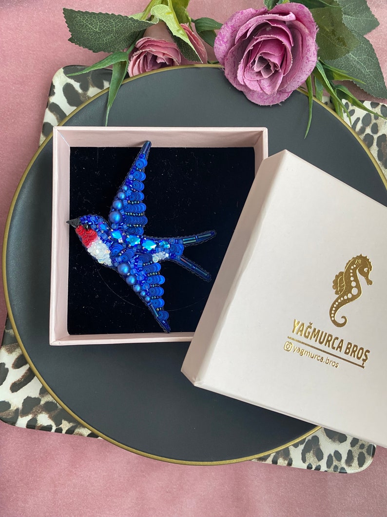 Handmade Crystal Swallow Brooch, Embroidered Pin, Blue Bird Jewelry, Unique Design Brooch, Swallow Jewellry, Customized Gift Pin image 5