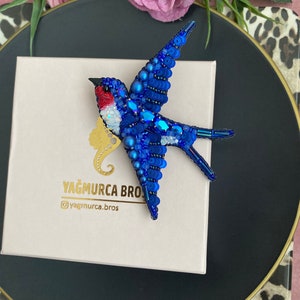 Handmade Crystal Swallow Brooch, Embroidered Pin, Blue Bird Jewelry, Unique Design Brooch, Swallow Jewellry, Customized Gift Pin image 6