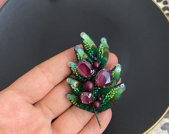 Handgemachte Olivenzweig, Olivenzweig Brosche, maßgefertigte Schmuck, Brosche für Frauen, schwarze Oliven Pin, Obst Schmuck, Perlen Zubehör