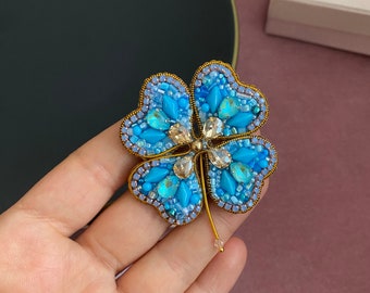 Handmade Clover Brooch, Cloverleaf’s Pin, Jewelry For Good Luck, Four Leaf Clover , Beaded Jewelry, Custom Made Jewel , Blue Clover Jewel