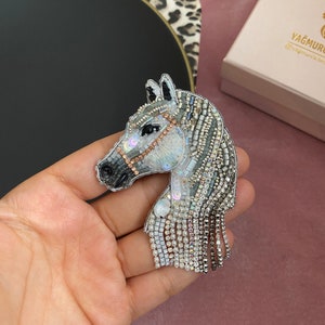 Beaded Horse Pin, White Horse Brooch, Crystal Lapel Pin, Horse Jewelry, Gift For Women, Horse Applique, Handcrafted Horse image 2