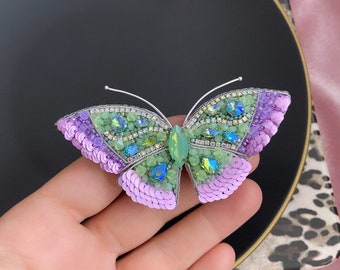Embroidery Butterfly Brooch, Colorful Insect Jewelry, Green Bug Ornament, Handmade Gift For Mom, Unique Design, Crystal Swarovski Jewellry