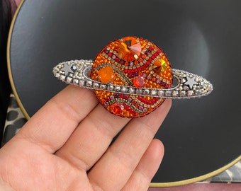 Handmade Orange Brooch , Gift For Her , Embroidered Gift, Mars Jewelry , Stars Jewellry , Swarovski Red Mars  , Exclusive Lapel Pin