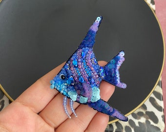 Handmade Fish Brooch , Handcrafted Blue Fish , Beaded Colorful Sea Animal,Fish Jewelry 3D , Jewellry,Gift For Mom,Embroidered Fish