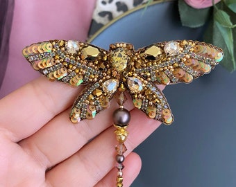 Handmade Dragonfly Brooch/Embroidered İnsect Fly Jewelry/Personalized Gift Pin/Gift For Her Mom/Beaded Golden Badget/Brown Gold Crystal Pin